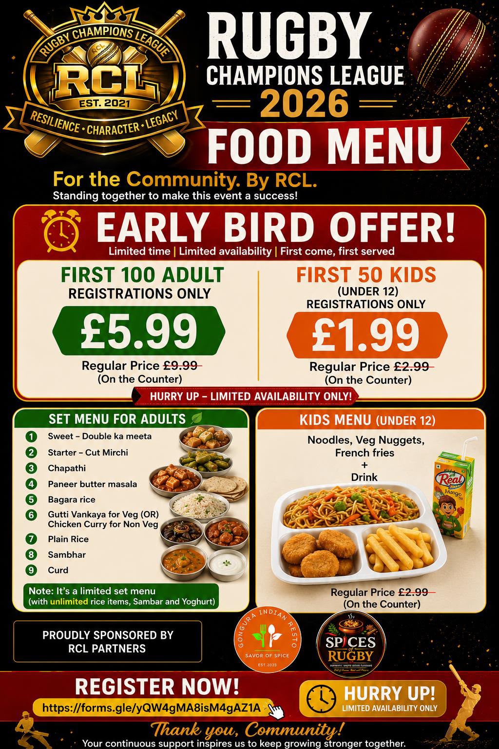 RCL Final Day food menu, early bird pricing, and registration details